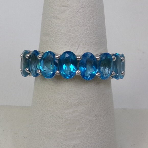 Sterling Silver Oval Blue Topaz Eternity‎ Band Ring Size 7 - Picture 2 of 3